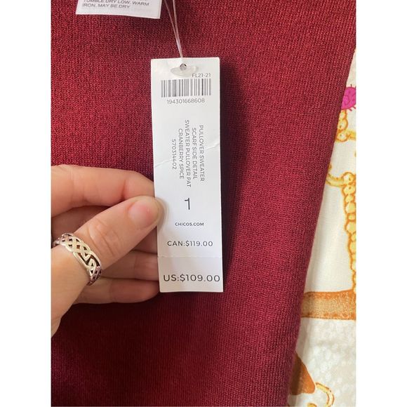 Chicos NWT Scarf-Trim Sweater Maroon Silk Like Blouse, Sz 1 (Medium), MSRP $109 - Picture 4 of 11